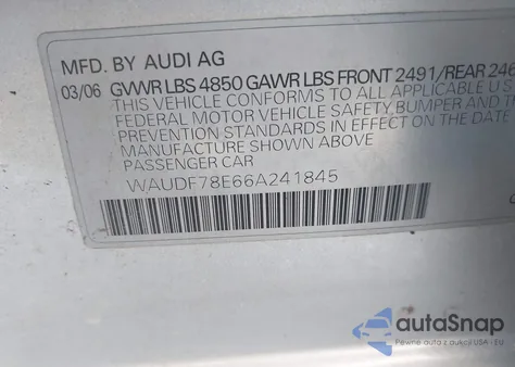 2006 Audi A4 2.0T z USA, uszkodzony, nr VIN WAUDF78E66A241845